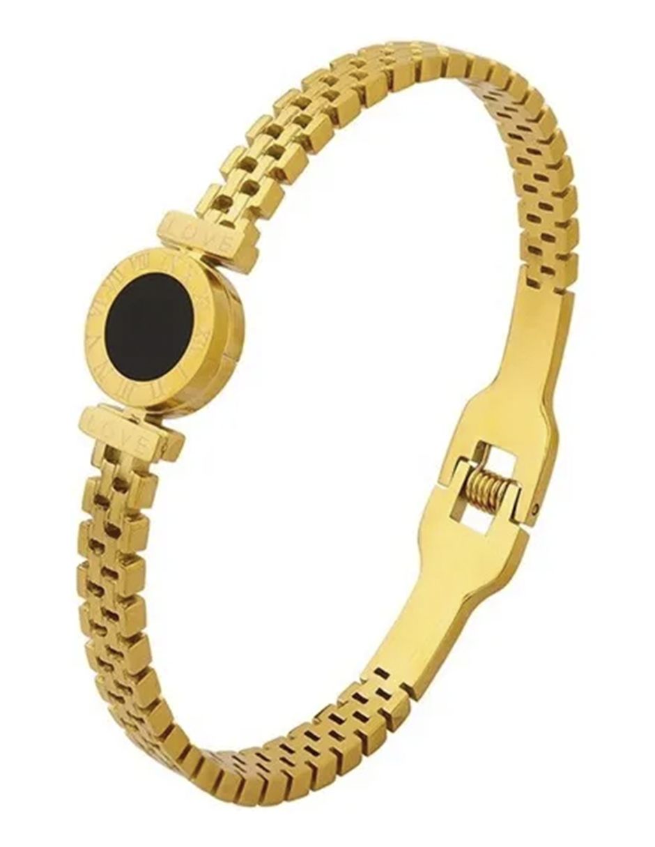 Brazalete Unisex de Oro Laminado con Detalle Negro
