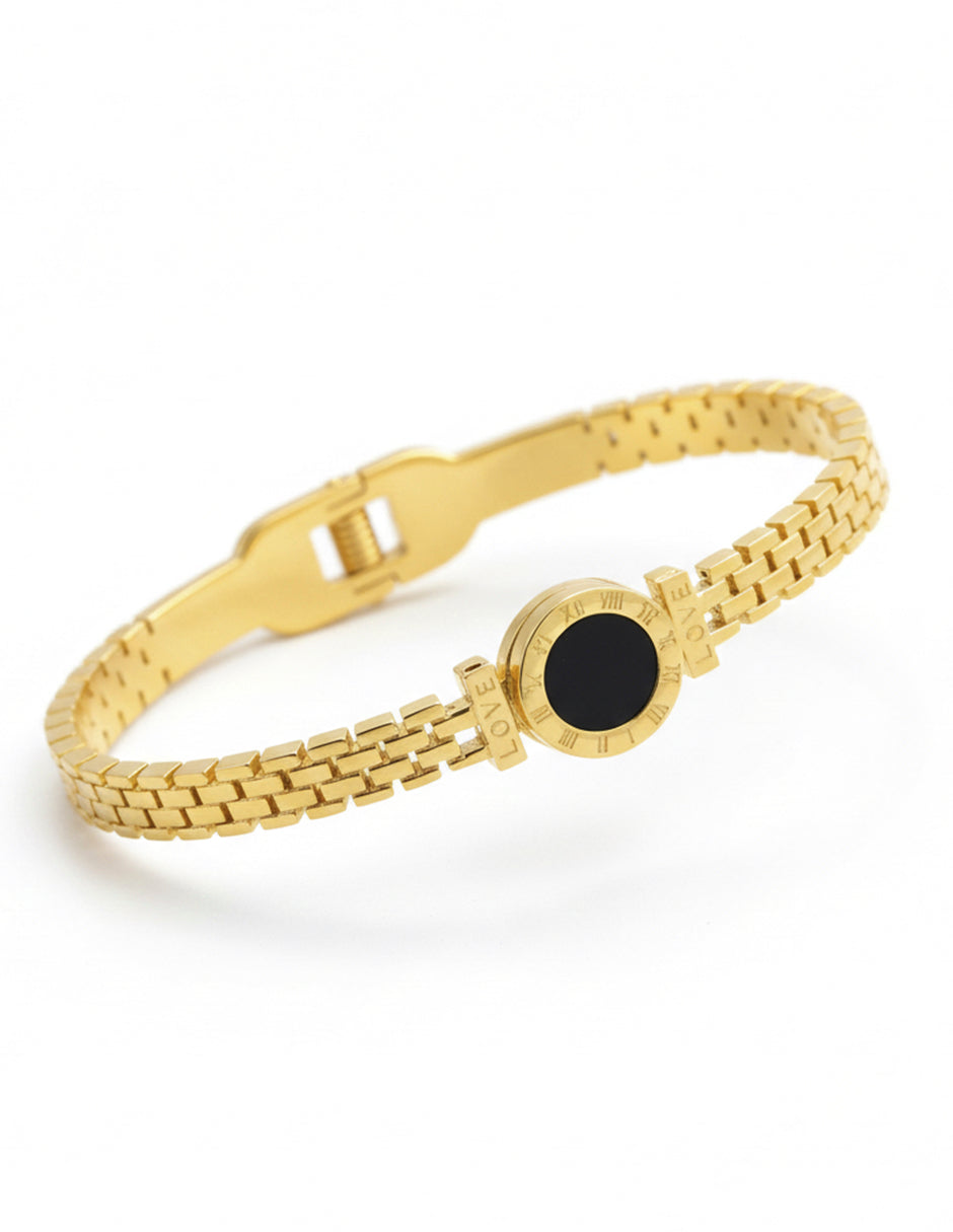 Brazalete Unisex de Oro Laminado con Detalle Negro