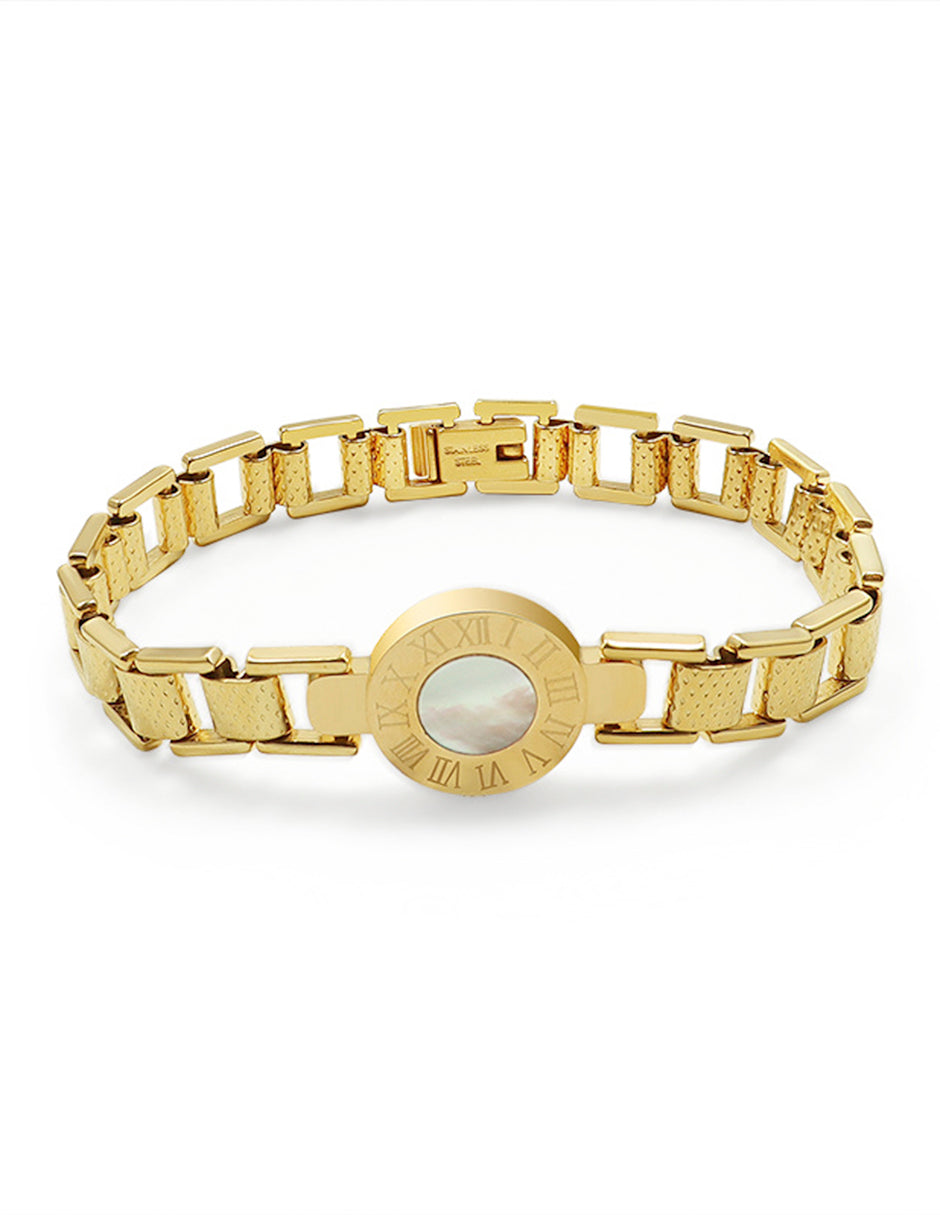Pulsera de oro laminado eslabones tipo reloj y números romanos