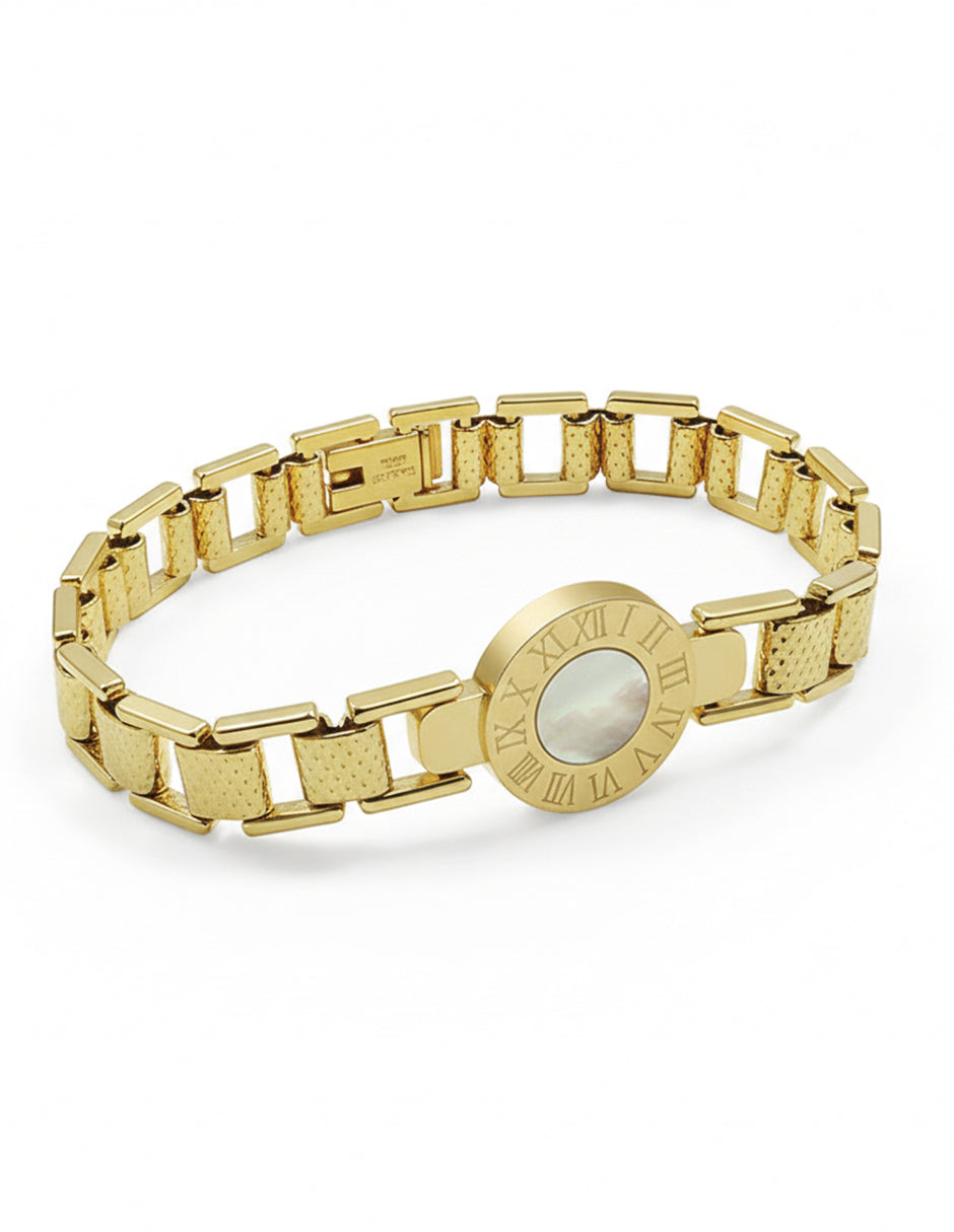 Pulsera de oro laminado eslabones tipo reloj y números romanos