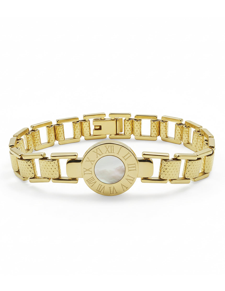 Pulsera de oro laminado eslabones tipo reloj y números romanos