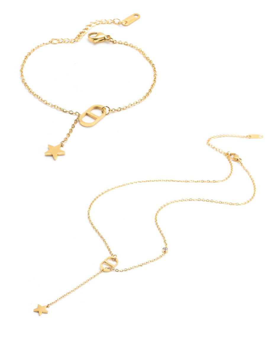 Juego de pulsera y collar con estrella de oro laminado