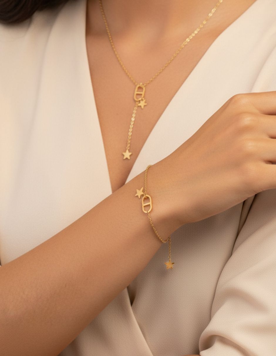 Juego de pulsera y collar con estrella de oro laminado
