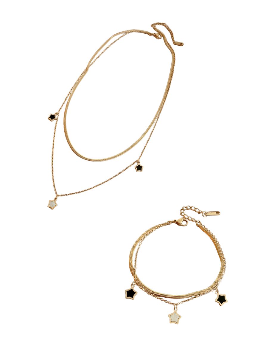Juego de pulsera y collar combinado de oro laminado
