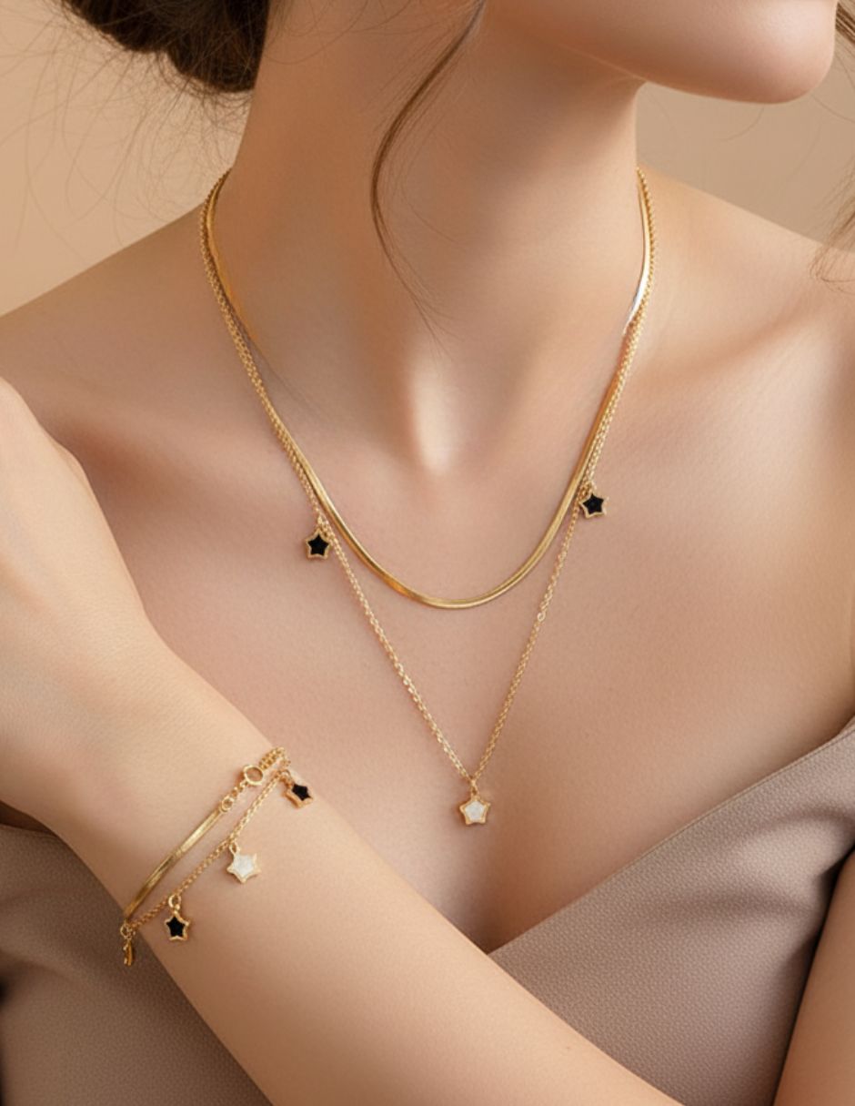 Juego de pulsera y collar combinado de oro laminado