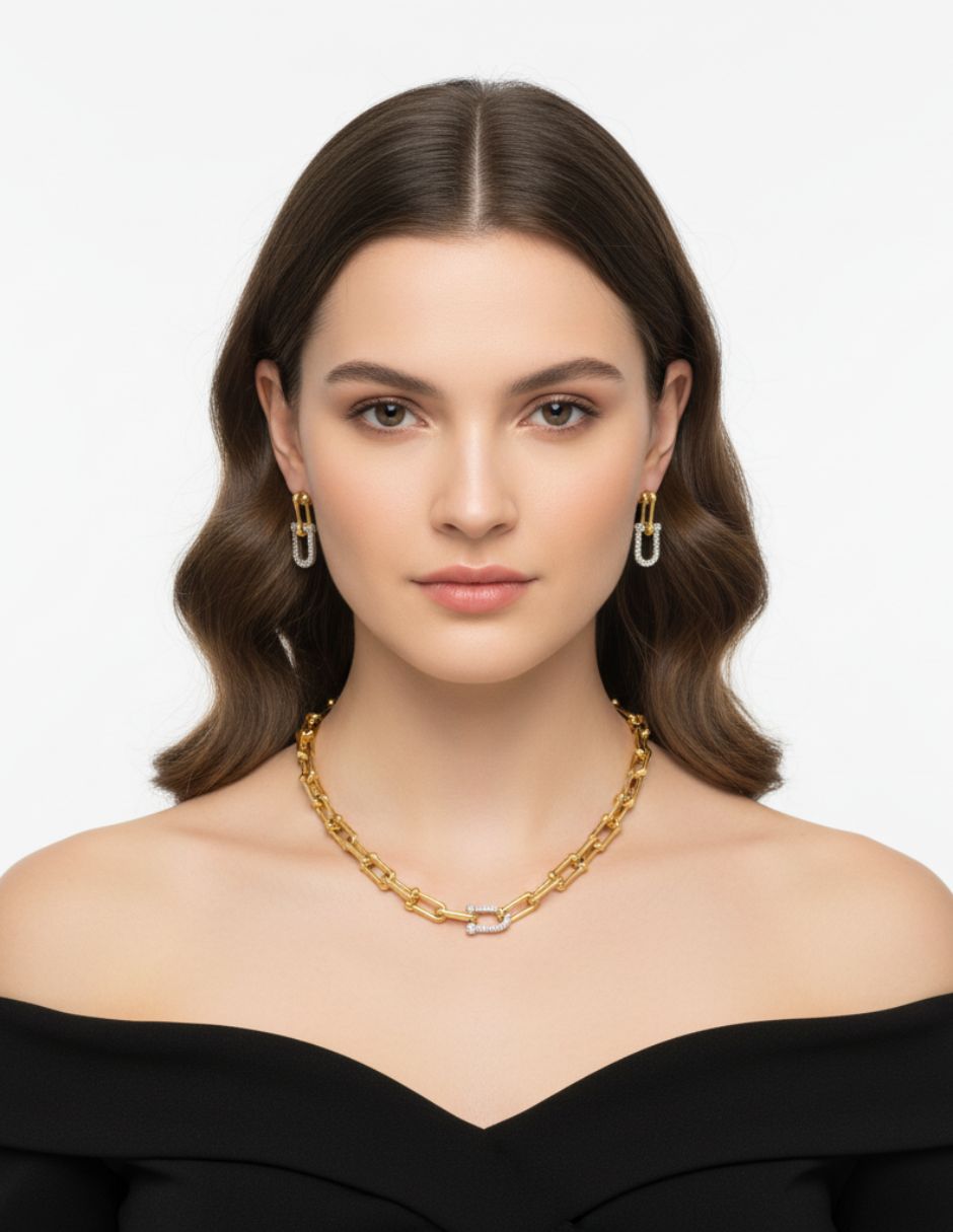 Juego de pulsera y aretes de oro laminado con brillos